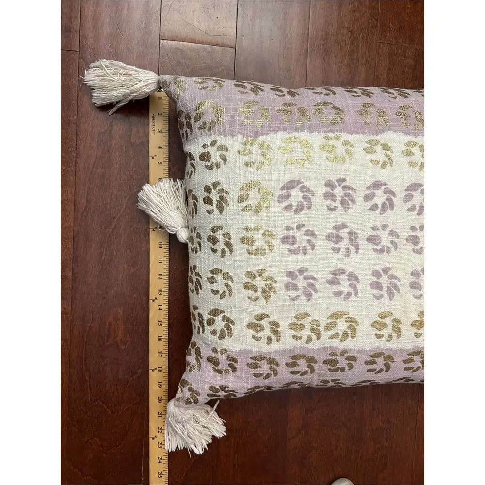 Anthropologie Large Boho Metallic Gold and Lavender Tasseled Pillow, 20”x20”
